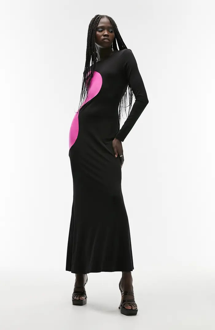Colorblock Open Back Long Sleeve Jersey Maxi Dress | Nordstrom