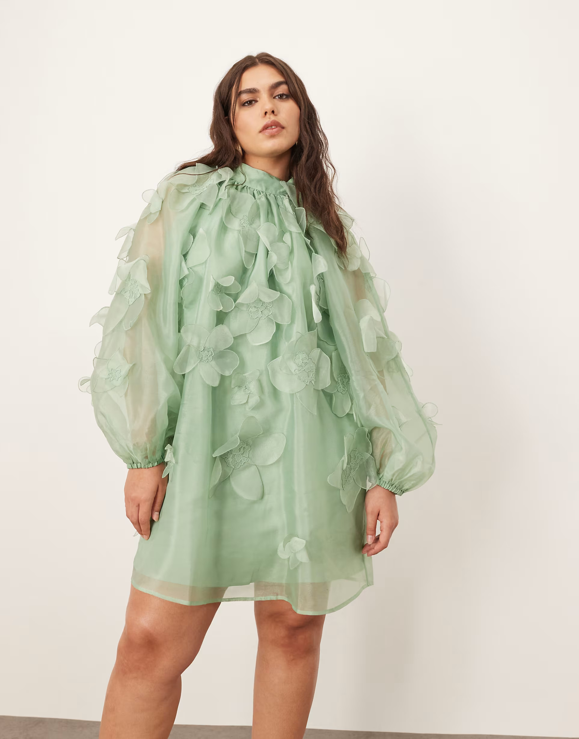 ARRANGE Curve applique organza floral high neck trapeze mini dress in light green | ASOS (Global)
