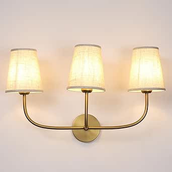 Pathson 3 Lights Brass Wall Sconce Lamps with Linen Fabric Lampshade, Vintage Fabric Bathroom Wal... | Amazon (US)