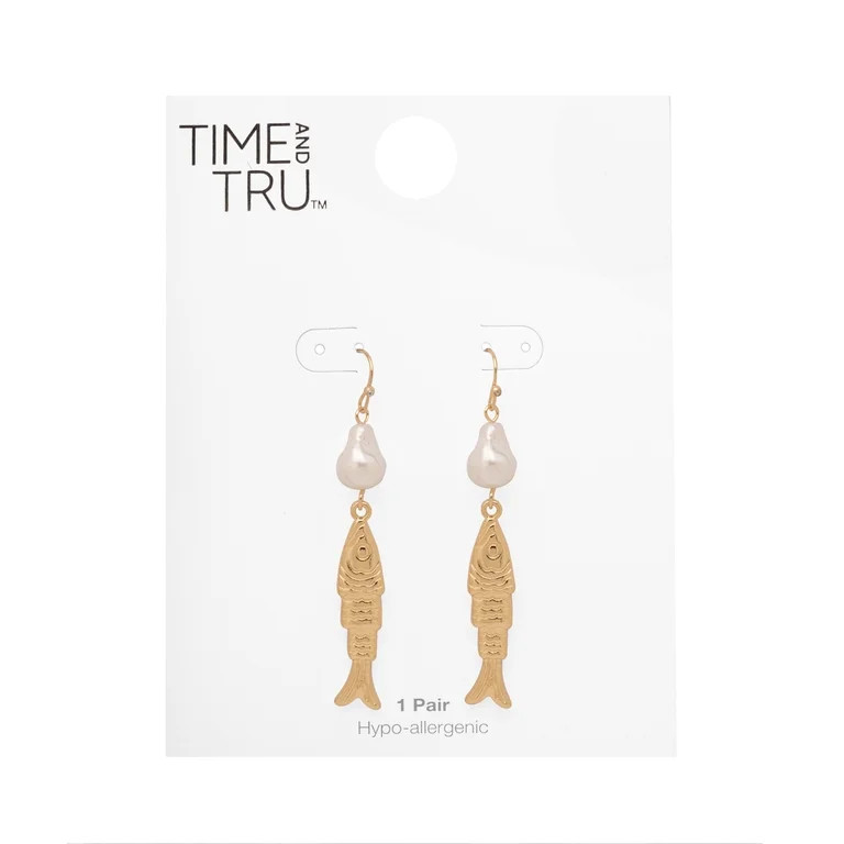 Time and Tru Women's Gold Tone Fish and Pearl Drop Earrings, Fashion Jewelry - Walmart.com | Walmart (US)