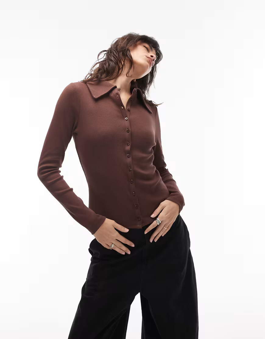 ASOS DESIGN rib button through polo top in brown | ASOS (Global)