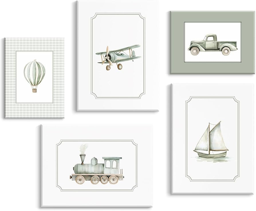 Sage Green Nursery Wall Art Boys Room Canvas Poster Kids Wall Decor Vintage Vehicle Prints Baby T... | Amazon (US)