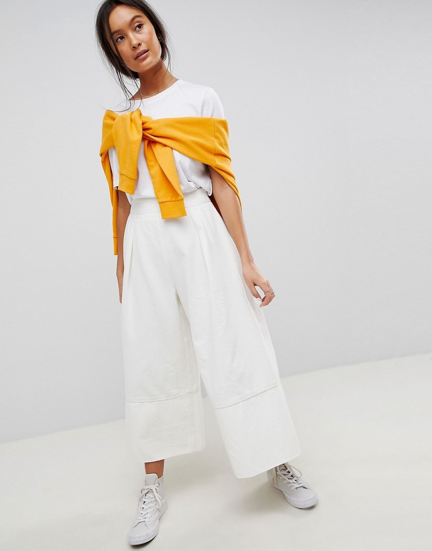 ASOS DESIGN denim wide leg culottes in off white - White | ASOS US