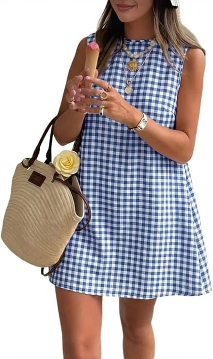 IDEALSANXUN Womens Gingham Dress Spring Summer Beach Boho Sleeveless Mini Sundress | Amazon (US)