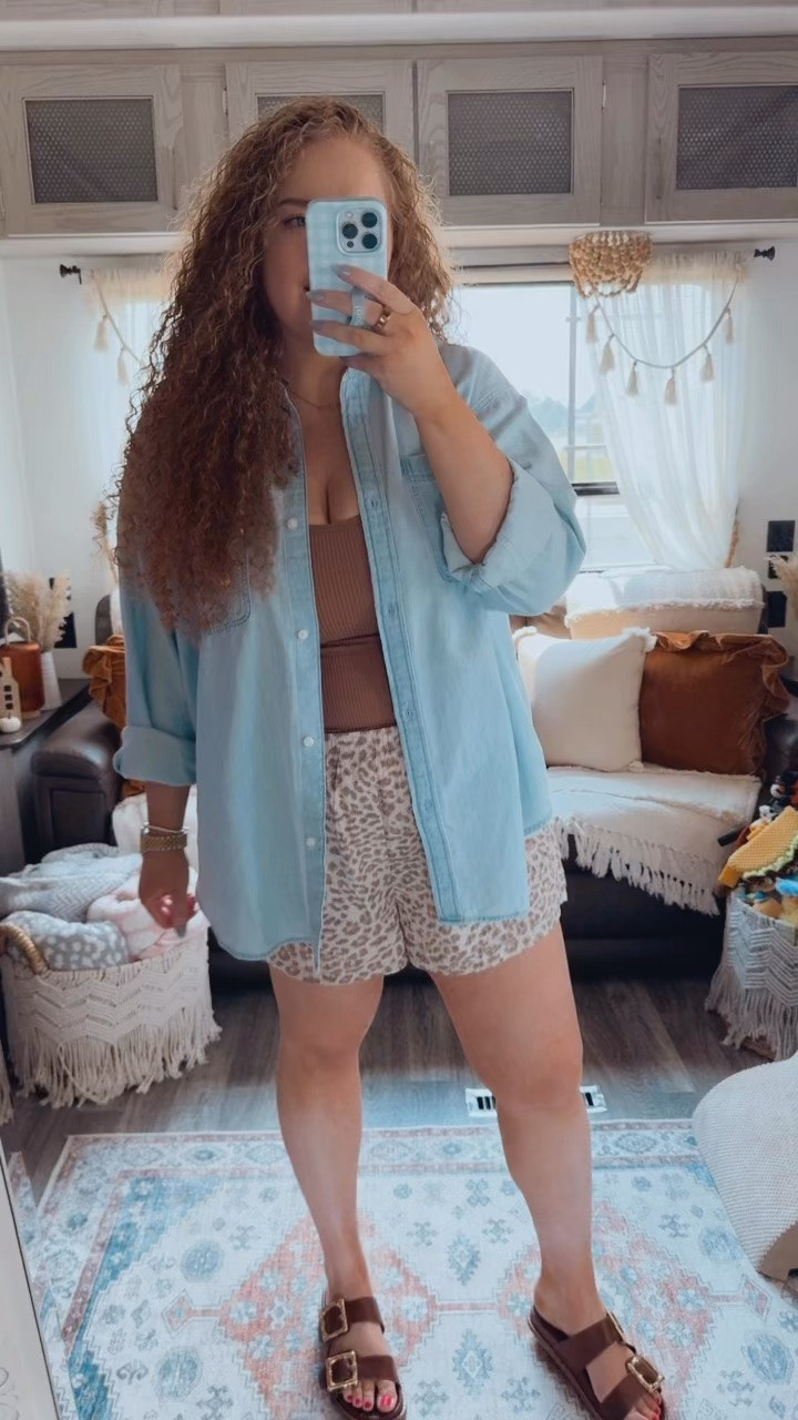 A little late summer, early fall outfit moment 🤎 The easiest way to start transitioning your wardrobe without giving up those warm weather pieces just yet 🍂✨ fall transition outfits | late summer outfits | summer to fall outfits | transitional outfits | early fall outfits | fall fashion | casual fall outfits | everyday outfit | casual chic outfit | chambray button down | light blue button down | denim look button down | leopard print shorts | leopard boxer shorts | seersucker shorts | brown tank top | brown sandals | gold aviator sunglasses | neutral outfit | warm neutral outfit | effortless style | casual summer outfit | cute fall outfit | fall outfit inspiration | seasonal transition outfit | women’s fashion | affordable fashion | Aerie style | Amazon fashion | capsule wardrobe | everyday style

#LTKdayinmylife #LTKootd #LTKgrwm