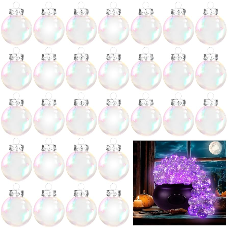 30Pcs Halloween Iridescent Ornaments Balls, 2.4Inch Plastic Transparent Ball with Cords, Cauldron... | Amazon (US)
