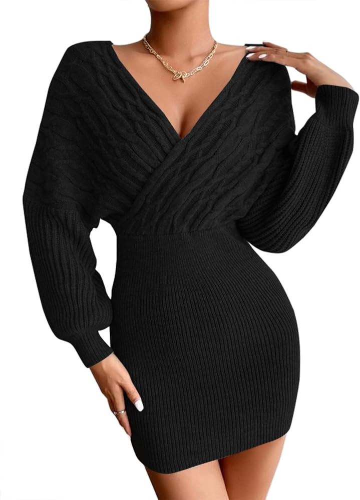 ZAFUL Women Surplice Neck Sweater Dress Pullover Sweater Casual Batwing Sleeve Mini Bodycon Dress | Amazon (US)