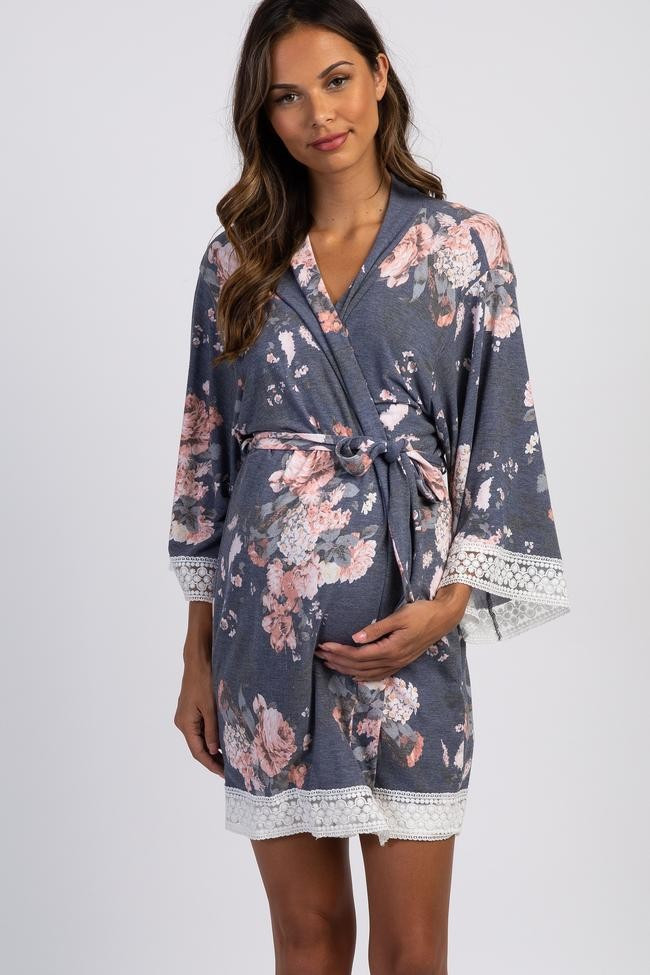 PinkBlush Navy Floral Lace Trim Maternity Robe | PinkBlush Maternity