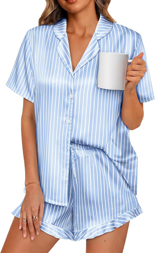 LILLUSORY Womens Satin Silk Pajamas Set 2 Piece Ruffle Pjs Winter Matching Lounge Sleepwear Butto... | Amazon (US)