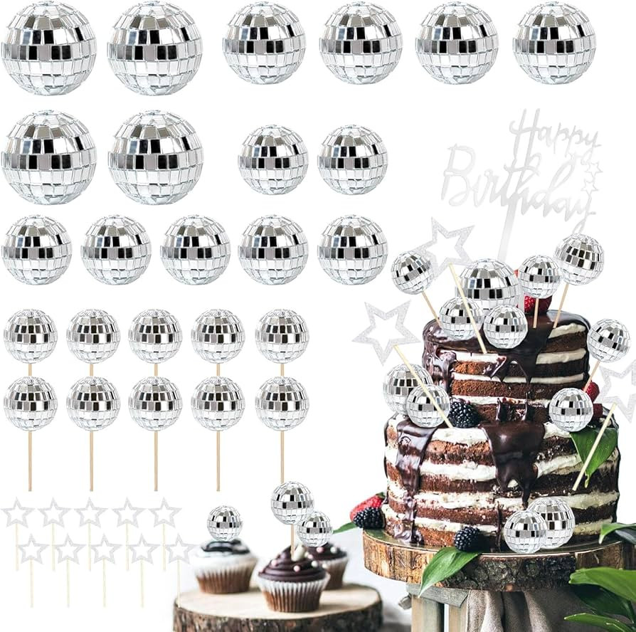 36 pcs Disco Ball Cake toppers,Happy Birthday Cake Topper,1970s Disco Ball Cake Picks Disco,70s p... | Amazon (US)