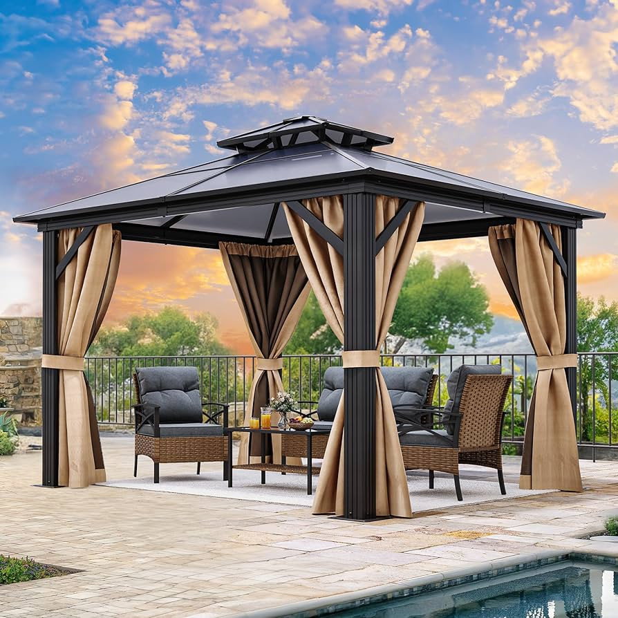 YITAHOME 10x10FT Gazebo Hard-Top Double Roof Canopy Outdoor with Netting and Shaded Curtains, Alu... | Amazon (US)