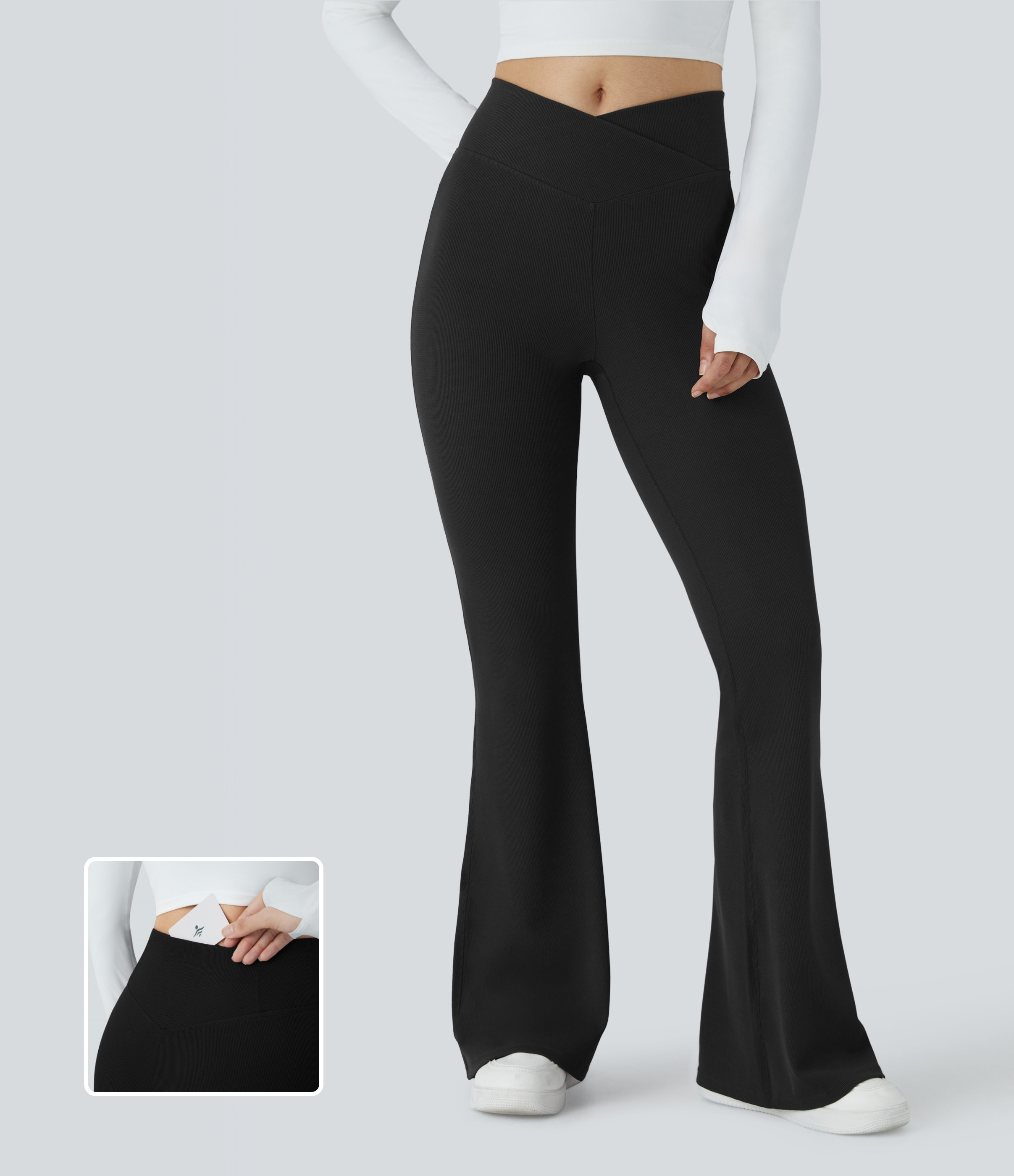 Women’s Crossover High Waisted Pocket Waffle Casual Flare Pants - Halara | HALARA