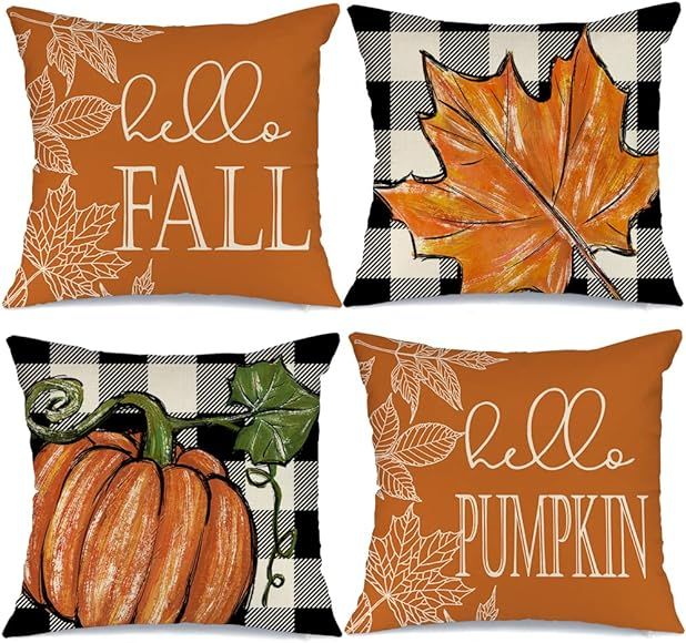 Fall Pillow Covers 18x18 Set of 4 for Fall Decor Buffalo Plaid Pumpkin and Maple Leaves Outdoor F... | Amazon (US)