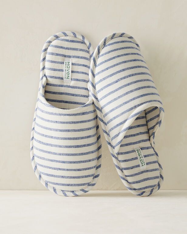 Linen Blue Stripe Spa Slippers | Haven Well Within
