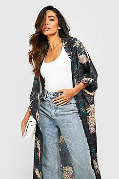 Oriental Floral Print Maxi Kimono | Boohoo.com (US & CA)