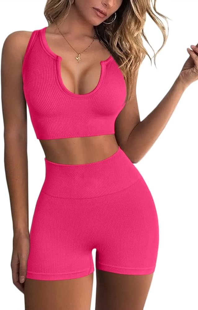 FAFOFA Seamless Workout Sets for Women Ribbed Sport Bra High Waist Running Shorts Gym 2 Piece Yog... | Amazon (US)