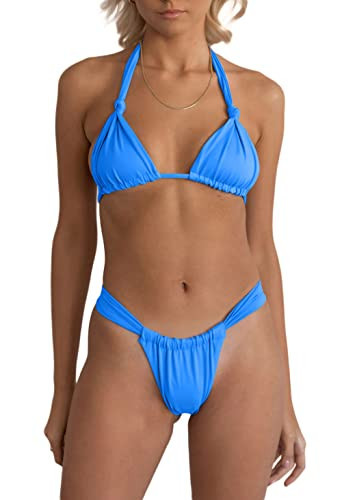 Blue Bikini Sets for Women Sexy Halter Triangle Thong Bikinis Cheeky Brazilian High Waisted High Leg Swimsuits 2 Piece S | Amazon (US)