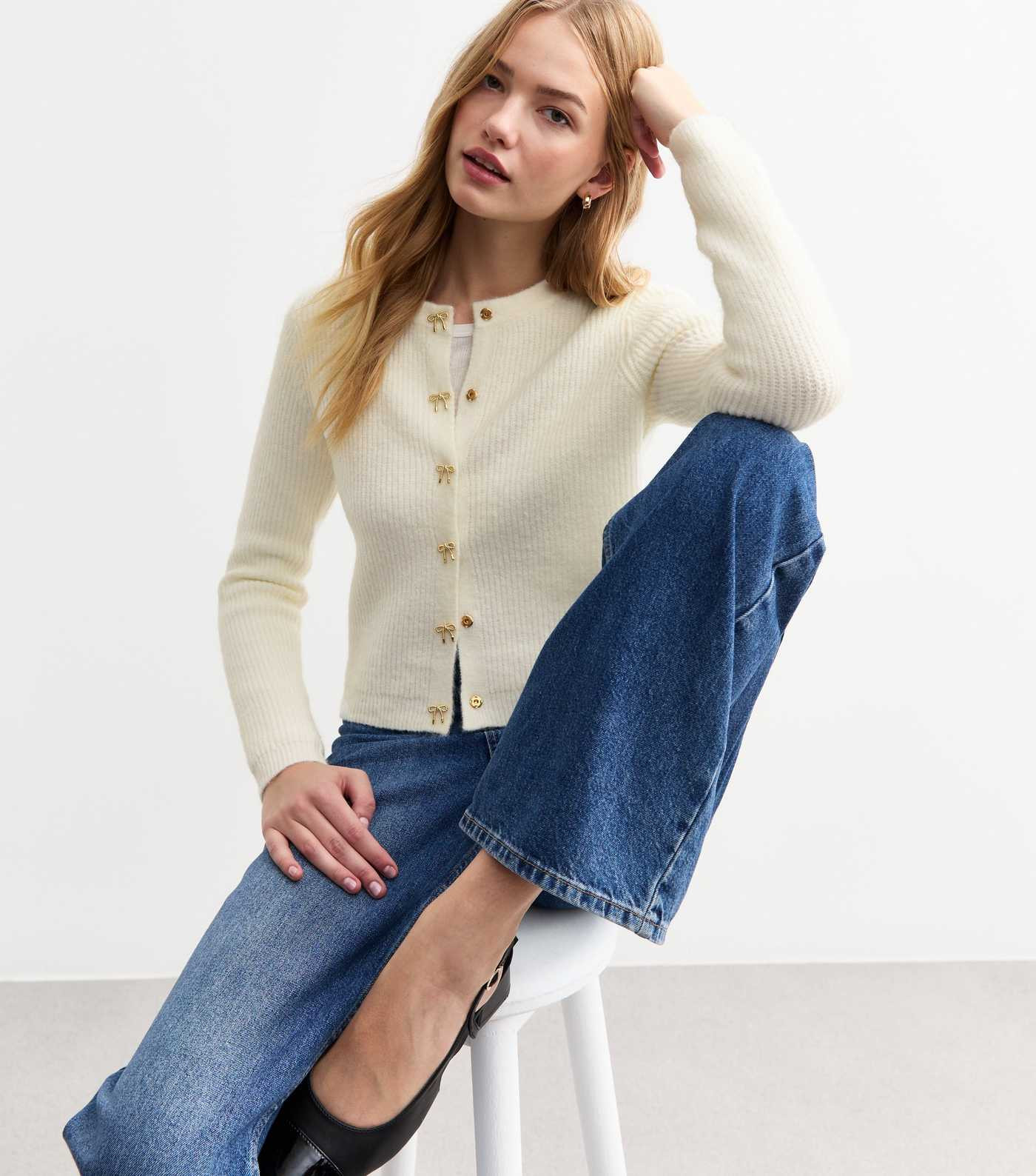 Cream Bow Button Ribbed Knit Cardigan | New Look | New Look (UK)