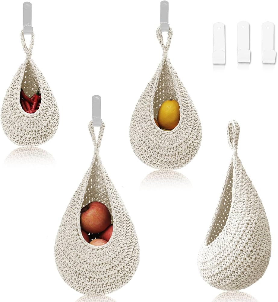 Hanging Fruit Basket Set of 3, Boho Wall Hanging Storage Basket for Organizing, Handmade Teardrop... | Amazon (US)