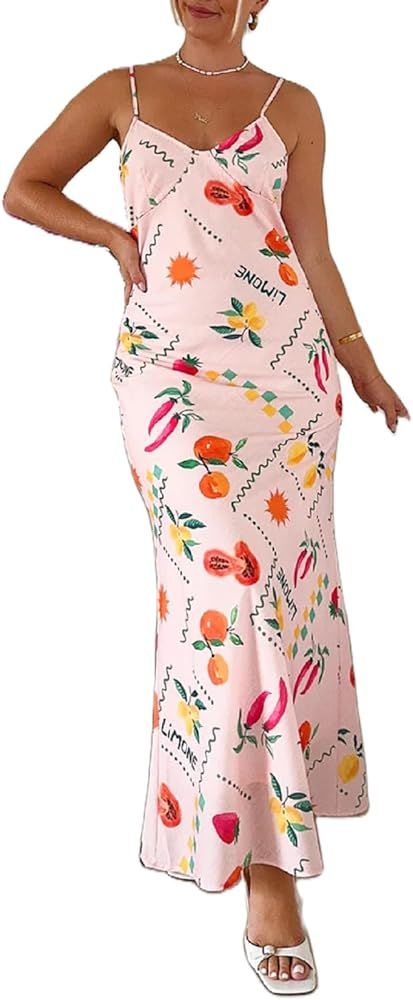 Women Y2k Vintage Printed Maxi Dress Spaghetti Strap Floral Midi Slip Dress Backless Long Flowy S... | Amazon (US)