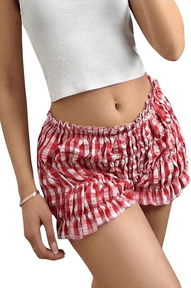 Women's Plaid Shorts Low Rise Checkered Bloomer Shorts Y2k Mini Ruffle Shorts Micro Boxer Shorts | Amazon (US)