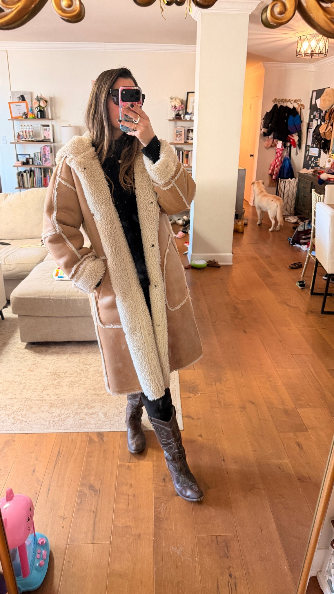 How am I keeping warm? In this shearling jacket that is so freaking cozy it’s unbelievable. I paired with my wide calf boots and a basic black layer under. 

Winter coat, jacket, wide calf, midsize 

#LTKSeasonal #LTKMidsize #LTKootd