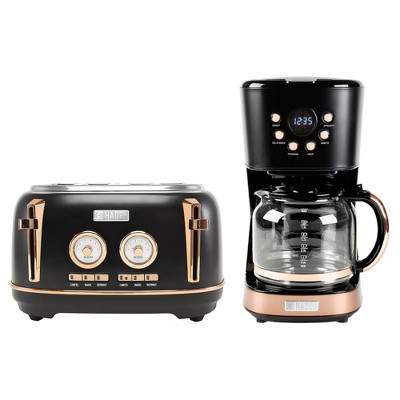 Haden Dorset 4 Slice Wide Slot Stainless Steel Toaster Bundled with 12 Cup Programmable Drip Coffee Maker Coffee Machine, Black & Copper | Target
