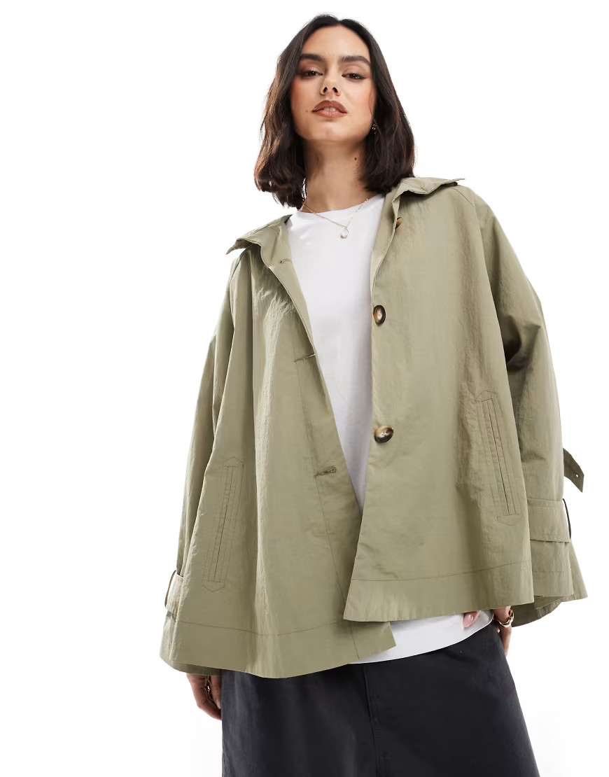 ASOS DESIGN funnel neck cape back cropped trench coat in olive-No color | ASOS (Global)
