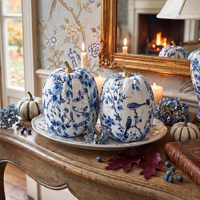 RattanView 2 Pcs Fall Chinoiserie Foam Pumpkins Blue and White Fabric Halloween Jumbo Pumpkins Fa... | Amazon (US)