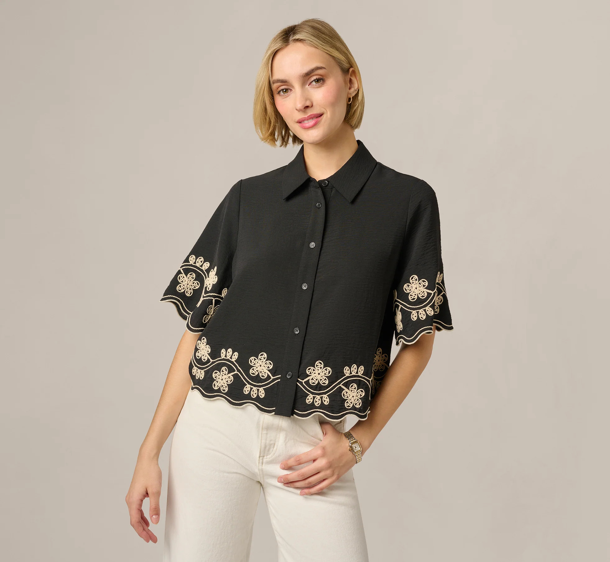 Black Short Sleeve Scalloped Floral Embroidery Blouse - Adrianna Papell | Adrianna Papell
