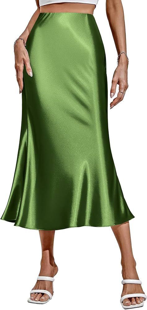 Zeagoo Womens Satin Skirt High Waist Midi Skirt Flowy Hem Silk Skirts Casual Summer Slip Skirt | Amazon (US)