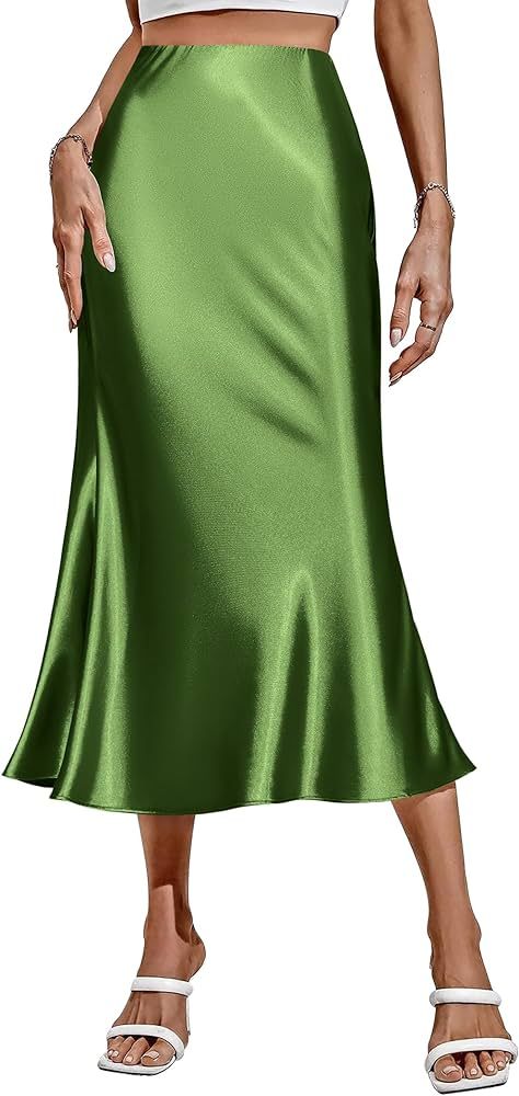 Zeagoo Womens Satin Skirt High Waist Midi Skirt Flowy Hem Silk Skirts Casual Summer Slip Skirt | Amazon (US)