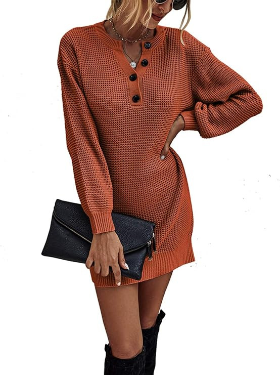 KIRUNDO 2021 Women's Winter Long Sleeve Sweater Dress V Neck Button Henley Long Knit Top Tunic Mi... | Amazon (US)