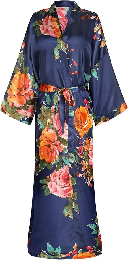 Women's Long Floral Satin Kimono Robes Bridal Dressing Gown Wedding Bridesmaid Nightgown | Amazon (US)