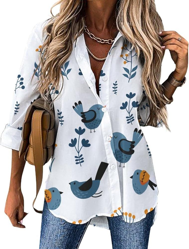 Birds Button Down Shirts for Women Irregular Hem Loose Casual V Neck Tees Top Blouse | Amazon (US)