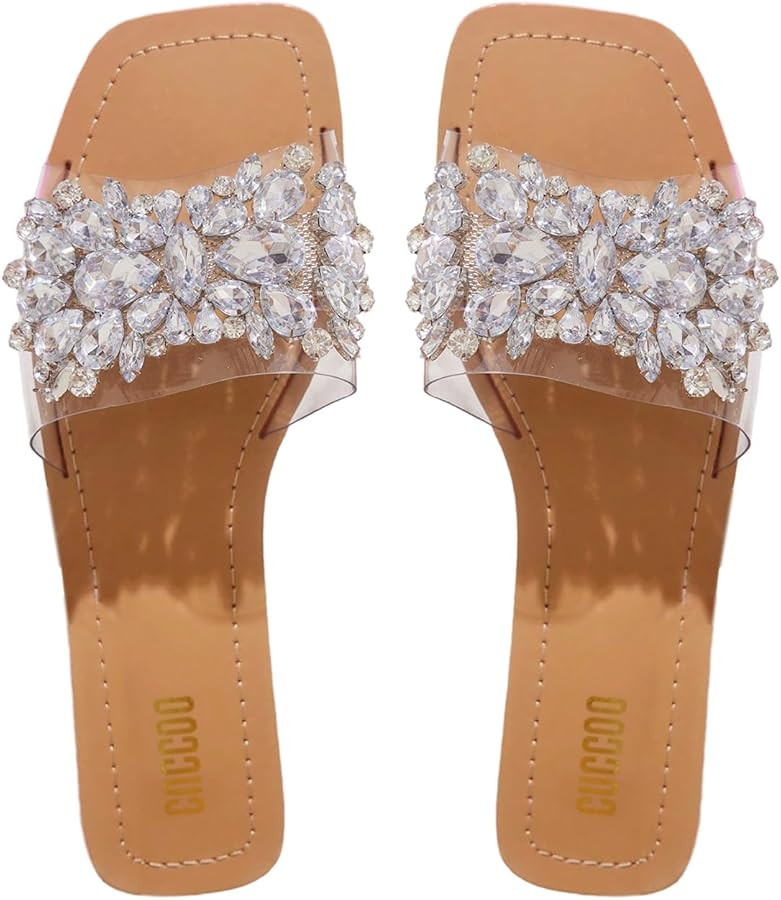 Verdusa Women's Rhinestone Clear Flat Sandals Square Toe Slides Sparkle Transparent Sandals | Amazon (US)