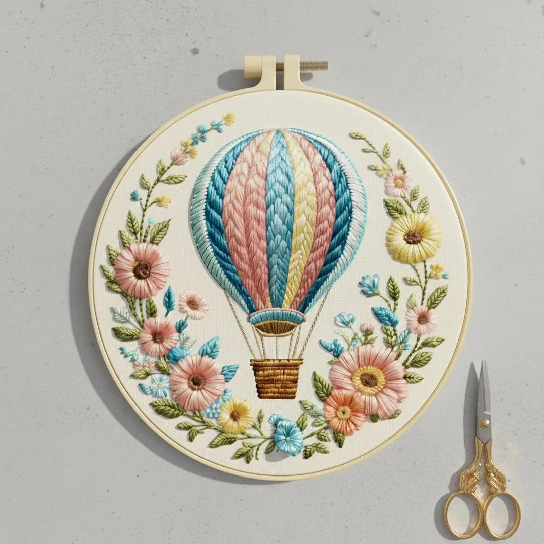 Hot Air Balloon Embroidery Kit for Beginners & Floral DIY Craft, Modern Nursery Needlepoint, Hoop... | Etsy (US)