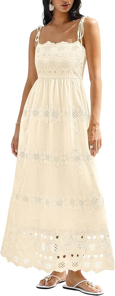 dowerme Womens Spaghetti Strap Eyelet Cotton Boho Maxi Dress | Amazon (US)