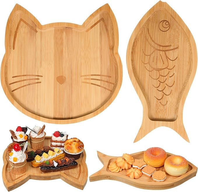 Sintuff 2 Pcs Cat Fish Cute Shaped Bamboo Serving Tray Charcuterie Board Natural Wooden Snack Pla... | Amazon (US)
