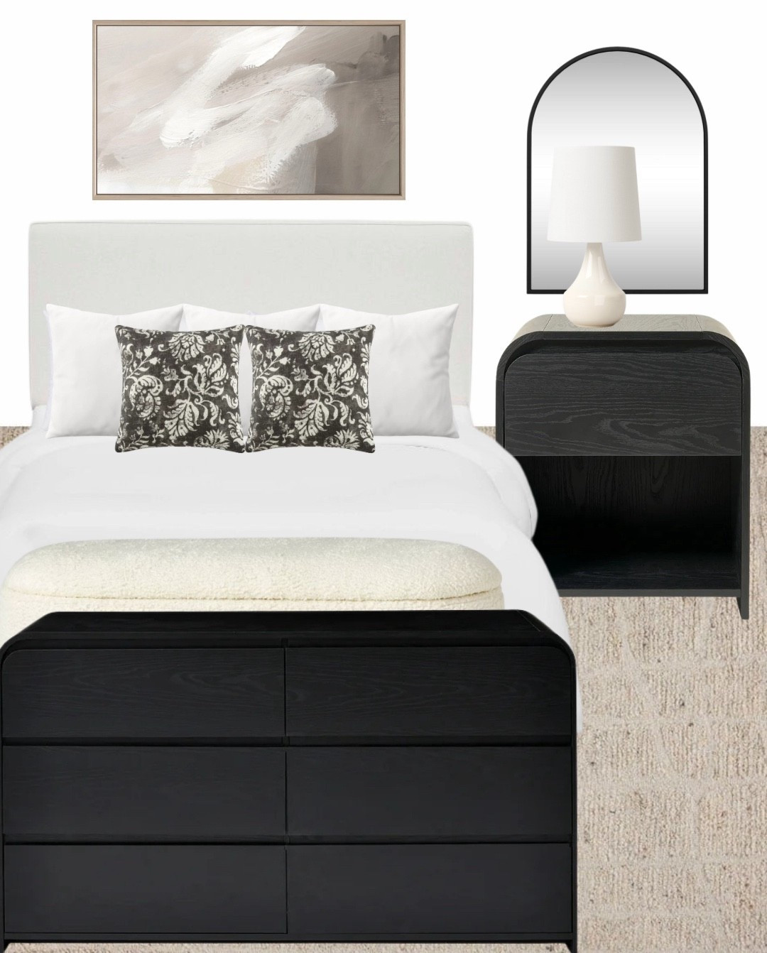 Neutral bedroom design, white table lamp, beige bedframe, nightstands from Walmart, boucle bench, throw pillows, Magnolia area rug, beige area rug, home decor from Target, black wooden nightstand, black bedroom dresser, bedroom dresser, bedroom, wall print, wall mirror, home decor from Wayfair, affordable home decor 

#LTKStyleTip #LTKHome #LTKFindsUnder50

#LTKStyleTip #LTKHome #LTKOver40