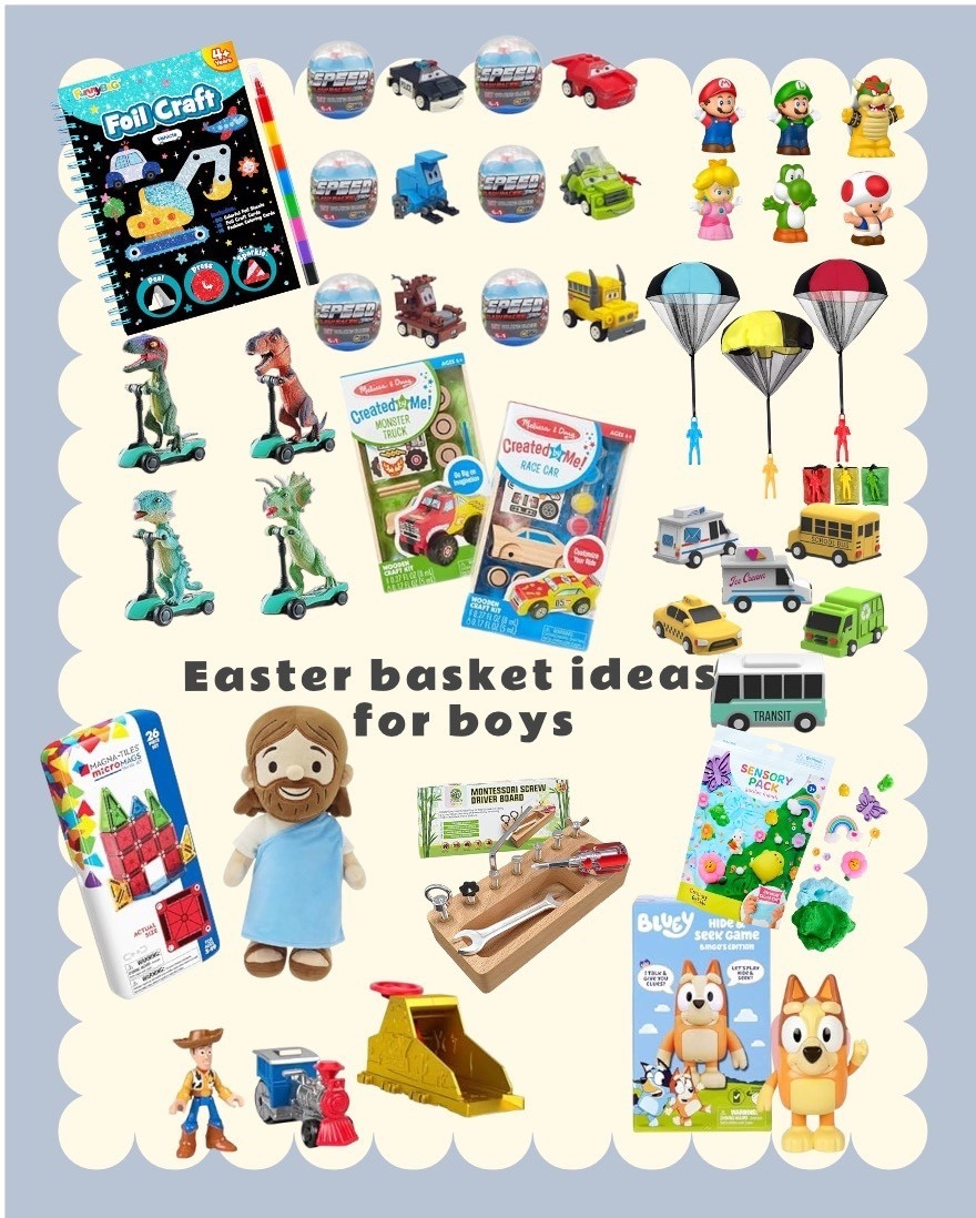 Easter basket stuffers | toddler boy Easter | | kids Easter basket | Easter basket fillers | Easter books | Easter crafts | Easter eggs| bluey | amazon | magnatiles | play doh | Disney cars | sensory bin | little people | fisher price | Walmart | Jesus plush | Toy Story | toys | super Mario galaxy | party favors | 

#LTKSeasonal #LTKSpringSale #LTKKids