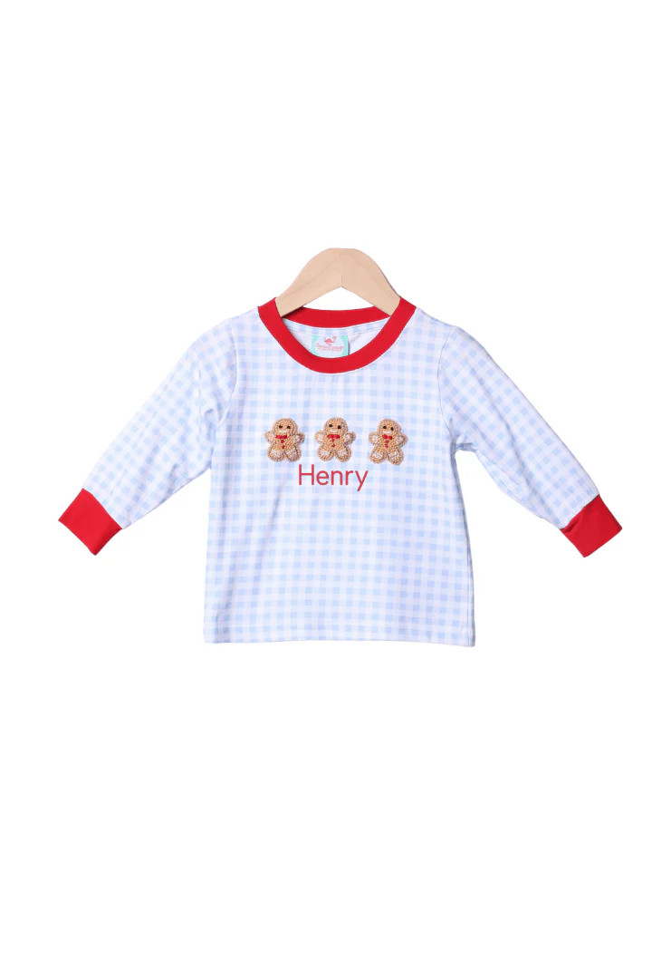 French Knot Gingerbread Blue Gingham Shirt | The Smocked Flamingo