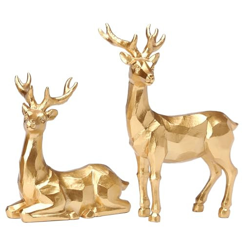 NEWLIGHTURE Golden Reindeer Christmas Figurines Set of 2, Resin Golden Tabletop Christmas Reindeer, Metallic Gold Reindeer Decor for Holiday Tabletop, Mantel, and Shelf Elegant Deer Christmas Decor | Amazon (US)