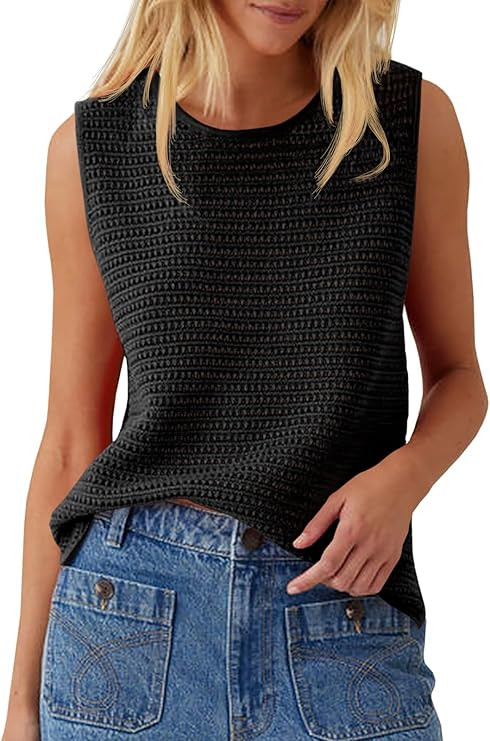 Saodimallsu Womens Crochet Tank Tops Summer Sleeveless Crew Neck Basic Mesh Knit Loose Pullover S... | Amazon (US)