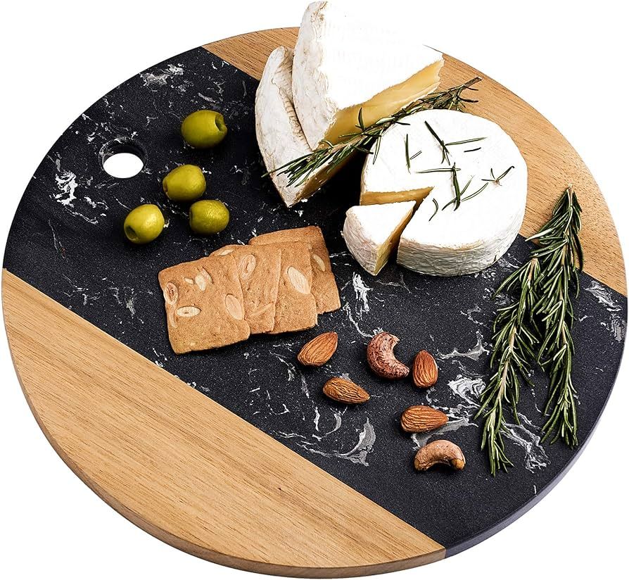 12inch Marble Cheese Board with Acacia Wood Accent - Charcuterie Board for Two - Round Marble and... | Amazon (US)