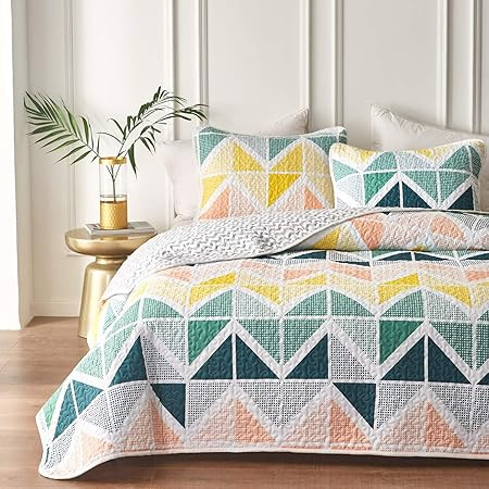 UOZZI BEDDING 3 Piece Reversible Colorful Quilt Set King Size with Green Orange Yellow Cubes Micr... | Amazon (US)