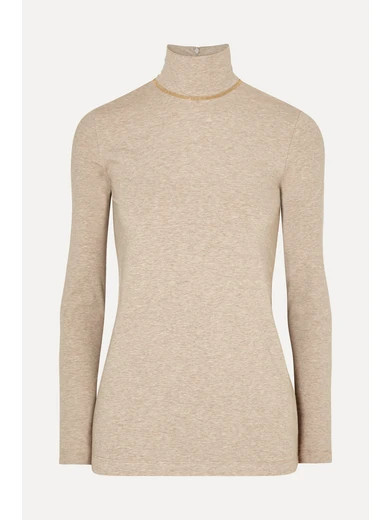 Bead-embellished mélange stretch cotton-jersey turtleneck top | NET-A-PORTER (UK & EU)