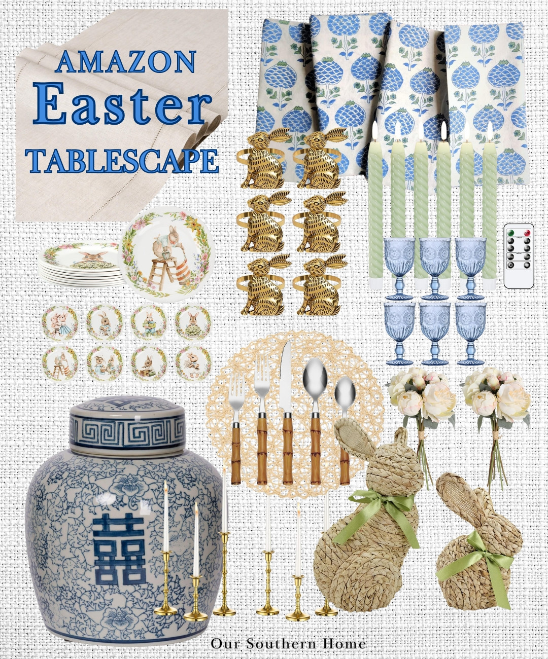 Blue and Green Easter tablescape perfect for the spring season. Lovely block print napkins, brass, and bamboo accents with whimsical bunny touches. Perfect for that Nancy Meyers or grandmillennial style. 

blue drinking glasses | bunny plates | amazon home | brass bamboo candlesticks | faux peopnies 

 #LTKSpringSale #LTKHome #LTKStyleTip
