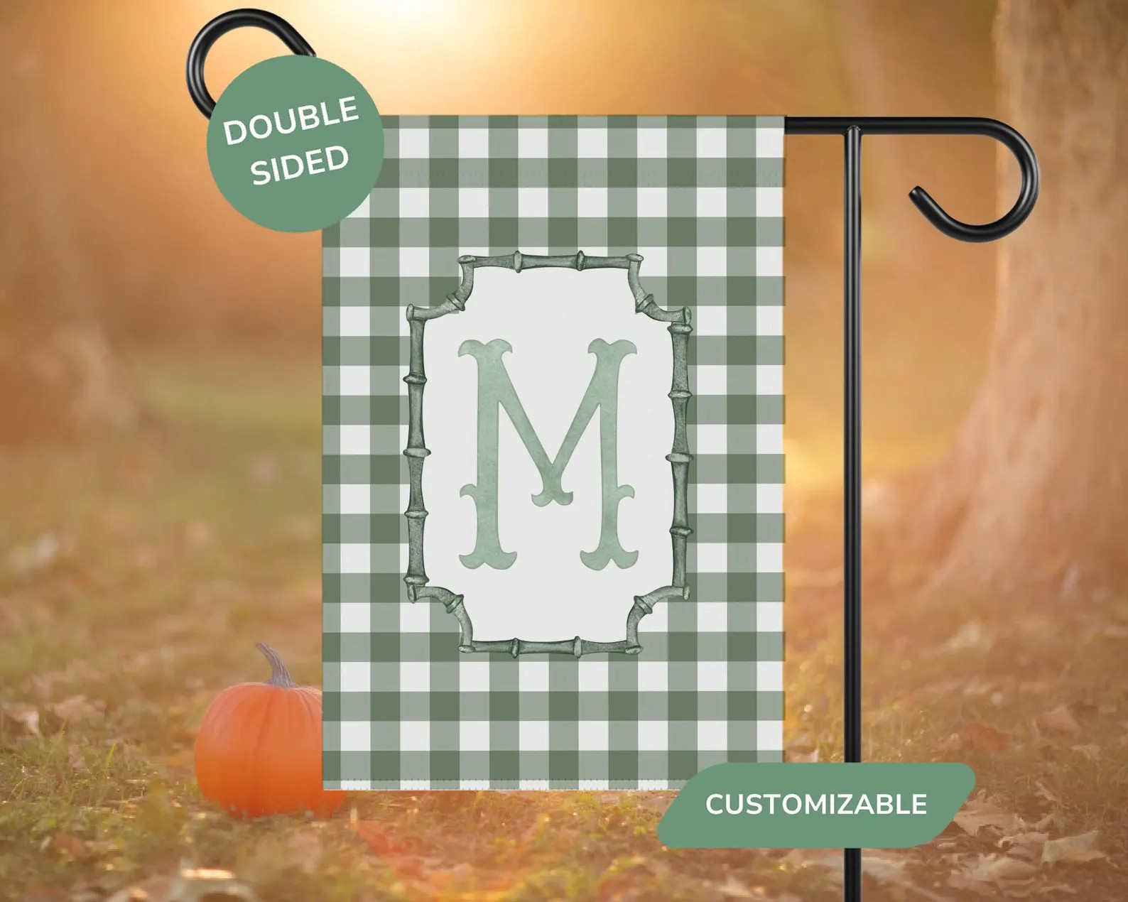 Sage Green Monogram Initial Garden Flag, Checkered Personalized Name Yard Banner Welcome Sign | Etsy (US)