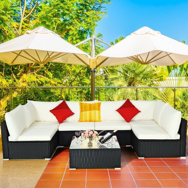 7PCS Patio Rattan Furniture Set Sectional Sofa Cushioned Glass Table Steel Frame | Target